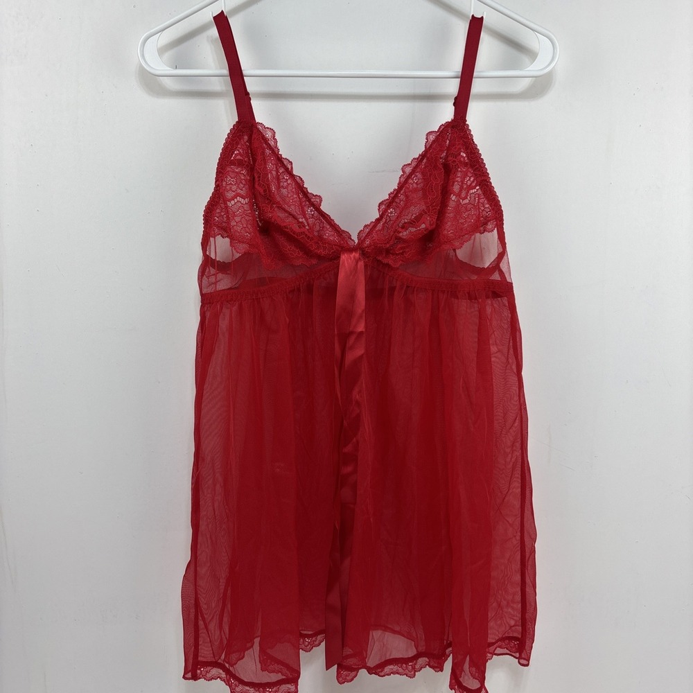 Victoria's Secret Red Sheer Babydoll Lingerie Empire Waist Lace‎ Cups Trim XL